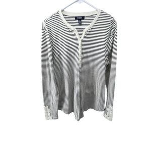 Chaps Black & White Striped Lace Trim Henley Blouse Women's Size Large